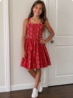 Girls Playful Red Printed Sundress with Smocked Bodice and Tie Straps